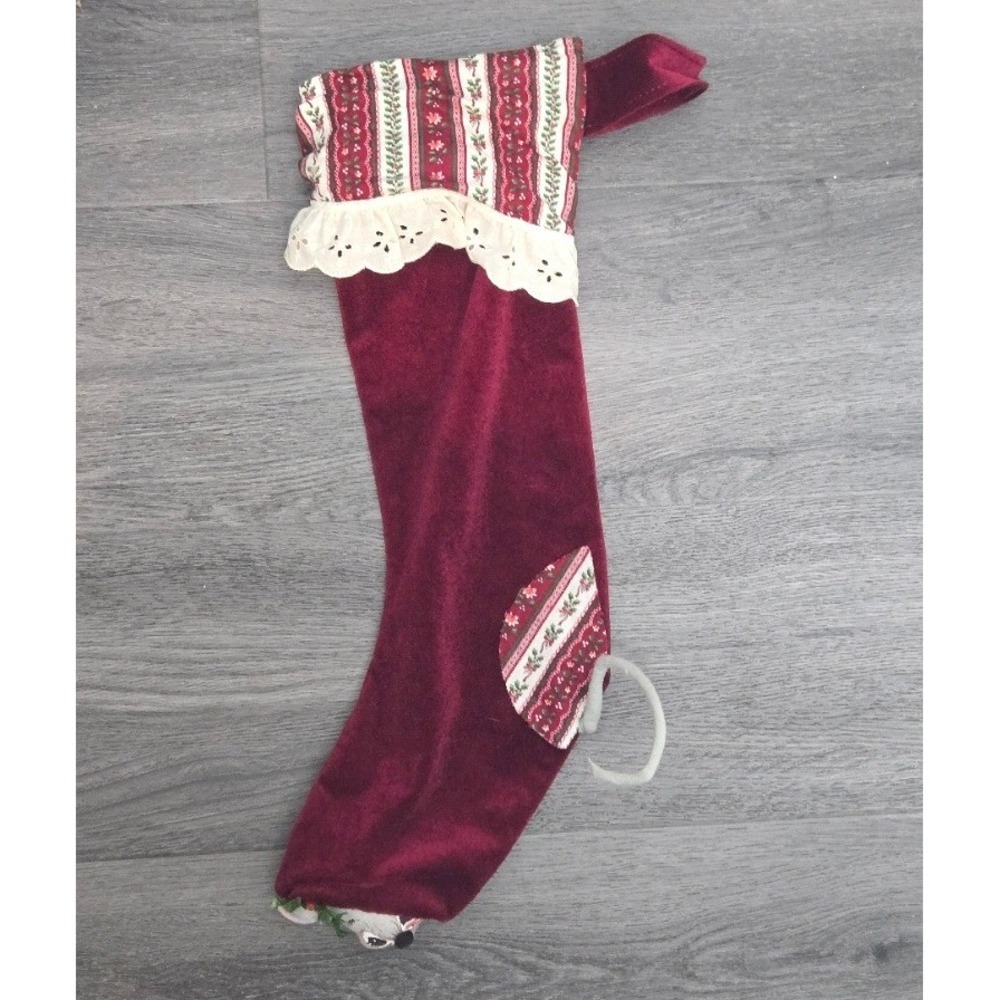 Vintage Mouse Christmas Stocking Velvet Lace Trim 3D Peeking Mouse 20 Inch